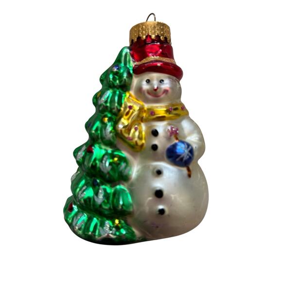 Vintage Blown Glass Snowman next to Christmas Tree Ornament 4” - Picture 1 of 9